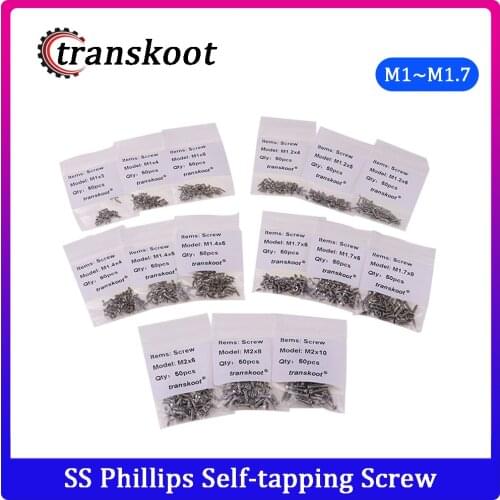 750pcs m1 m1.2 m1.4 m1.7 m2 Stainless Steel Cross Recessed Flat Head Screws Phillips Self-tapping Wood Screws Kits