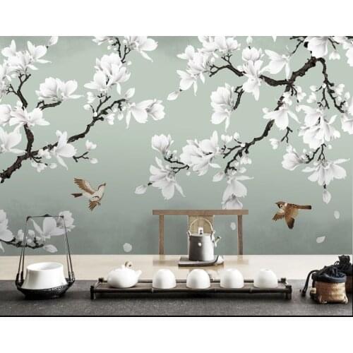 XUE SU Wall cloth custom large wallpaper white magnolia hand-painted flowers and birds new Chinese background wall