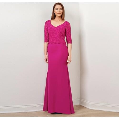 On Sale Charming Grape Lace Side Split Mother of the Bride Dresses Jewel Neck Three Quarter Sleeves Pleated Wedding Party Gowns