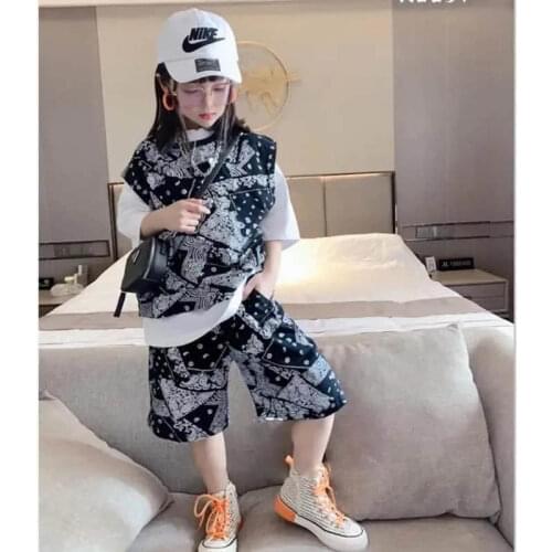 2021 new summer wear middle school girls' shorts summer wear suit sister brother brother vest shorts three piece suit