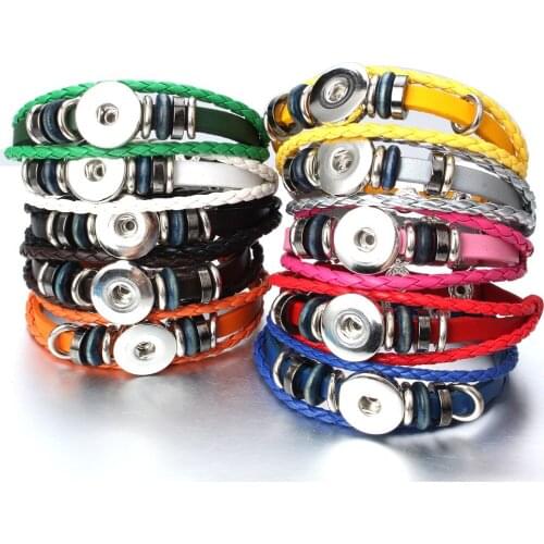 Wholesale Snap Button Bracelet Adjustable Leather Bracelet 18mm Snap Buttons Retro Handmade Braided Leather Cuff Bangles Jewelry