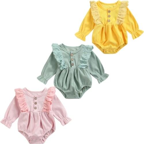 0-24M Autumn Newborn Baby Girls Lovely Rompers Lace Ruffles Long Sleeve Jumpsuits
