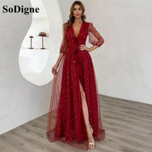 SoDigne Burgundy Long Sleeve Prom Dress Wave Point V Neck Slit Long Sleeve Tulle Long Evening Gown Wedding Party Dress