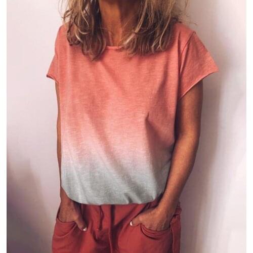 Casual Women T-shirt O Neck Gradient Color Short Sleeve Loose Blouse Top for Work