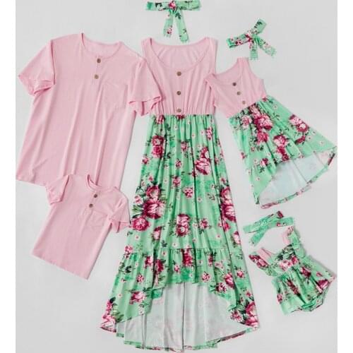 Family Matching Outfits Summer Printed Stitching Mom Dad Childrens Dress T Shirt Parent Child Wear Mother Girls Boy Baby Clothes