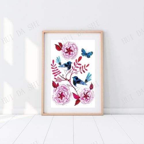 Fairy wren, fairywren, Butterfly wall art, Australiana, Peony, gift for mom, native bird, Australian art, Peony rose, bird print