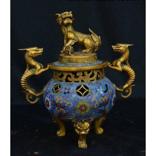 Old China Bronze Cloisonne Enamel Lion Pixiu Beast Incense Burner Censer Statue