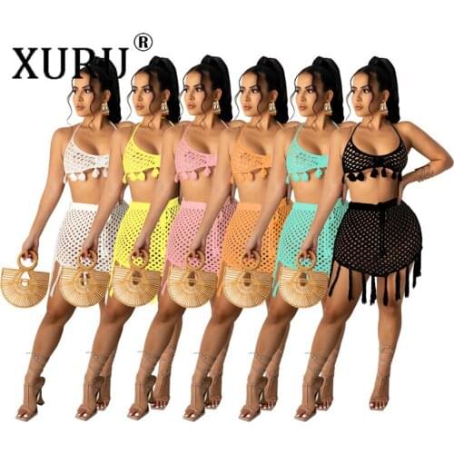 XURU Knitted Mesh Bikini Dress Suit Beachwear Sexy Dress Two-piece Suit