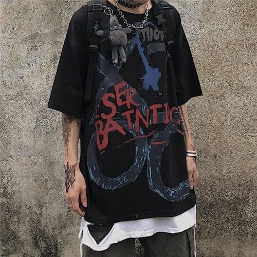 Vintage Graffiti Print All-Match Leisure Tshirt Punk Style Korean Version Loose Oversized Clothes Fashion Hand-Painted Men Top