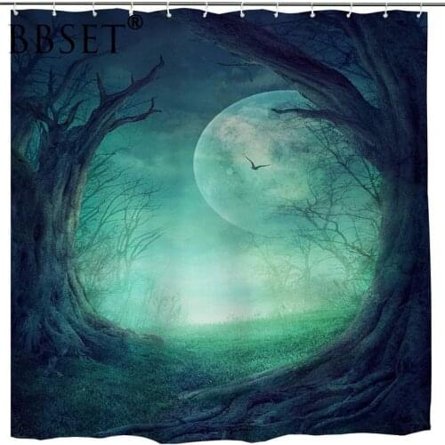 Fantasy Theme Shower Curtain Fairy Forest Tree Mystical Full Moon Pattern Waterproof Multi-size Cortina De Bano Bathroom Decor