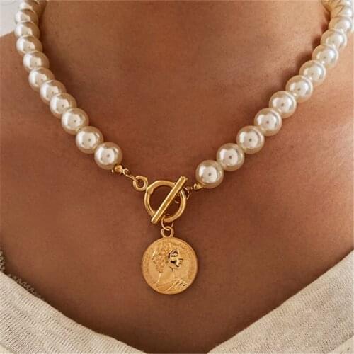 Pearl Necklaces Carved Geometric pattern Coin Pendant Chains Necklace for Women Punk Jewelry