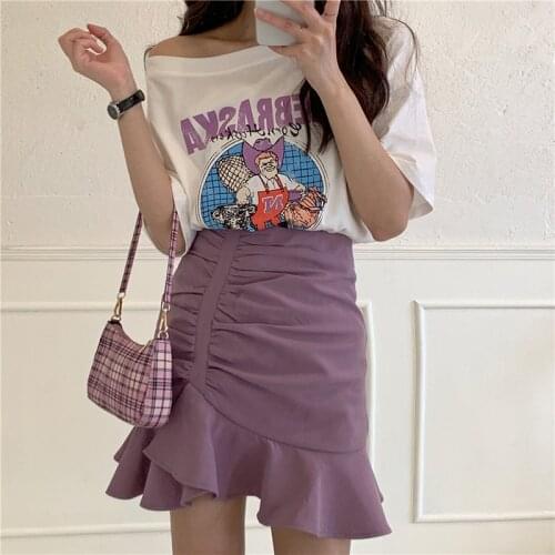 Lilac Purple Skirts Women 2020 Summer Elegant Pleated Mermaid Skirts Mini Skirt and Top Set One Shoulder Tshirts Print T Shirt