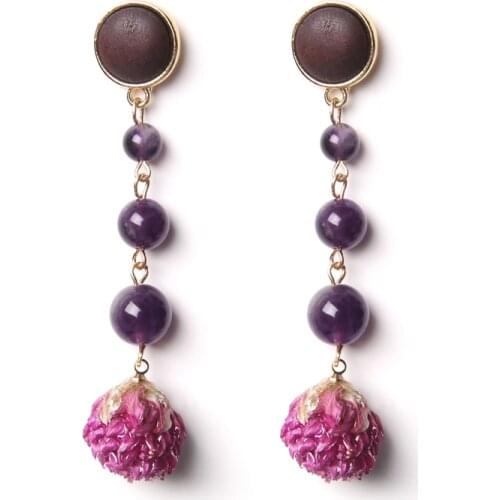 Retro Handmade Dried Flower Charm Earrings For Women Natural Stone Dangle Rose Plant Elegant Female Eardrop Exquisite Jewelry