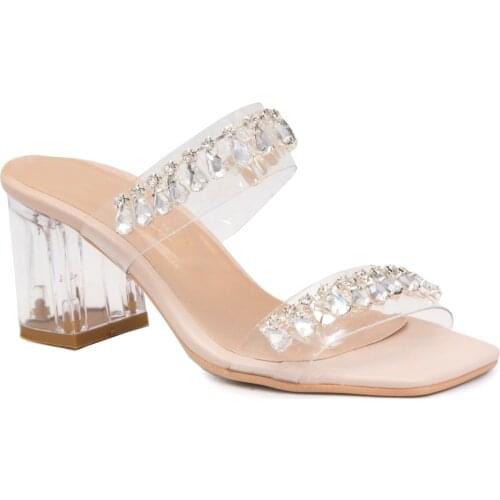 Gedikpaşalı 129 Beige 2021 Summer Season Women 'S Slippers Evening Party Dress Wedding Heels Transparent Stone Accessorized Pumps Steyl Stylish