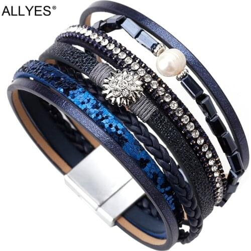 ALLYES Boho Braided Leather Bracelets for Women Multilayer Crystal Pearl Flower Metal Charm Wide Wrap Bracelet Female Jewelry
