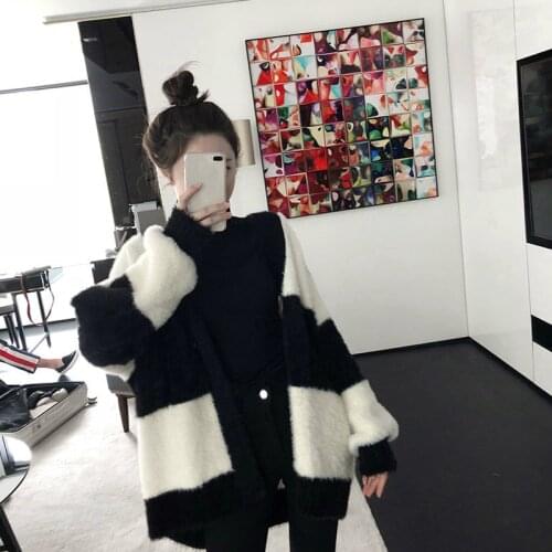 Women Stripe Knitted Cardigan Mink Fur Jacket