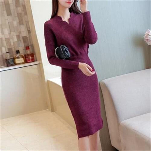 2020 Women Autumn Winter Knitted A Line Midi Dresses V Neck Slim Vintage Ladies Elegant Sweater Pullover Dresses Vestidos K250