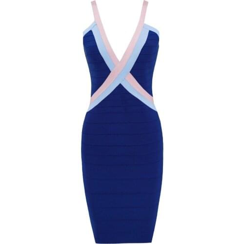 2018 Ladies Bodycon New Fashion Sexy V Neck Women Blue Elastic Bandage Dress Wholesale Cheap
