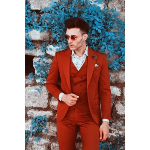 2020 Red Suit Mens Wedding Suits Custom Made Slim Fit Business Suit Men Fashion Groom Tuxedos 3 Piece Set (Jacket+Vest+Pants)