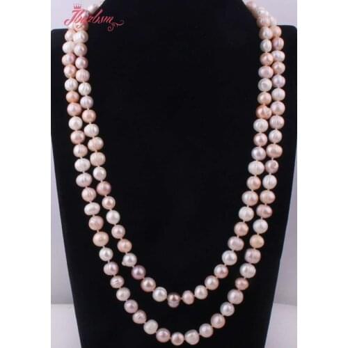 7-8x9-10mm Nearround Freshwater Pearl Natural Stone Beads Handwork Knot Fashion For Woman Christmas Gift Necklace Not Button 45"