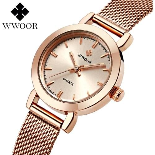 WWOOR Brand casual Ladies Women Dress Watches Thin Quartz Watch Steel Mesh Band Luxury Gold Bracelet Wristwatch Relogio Feminino