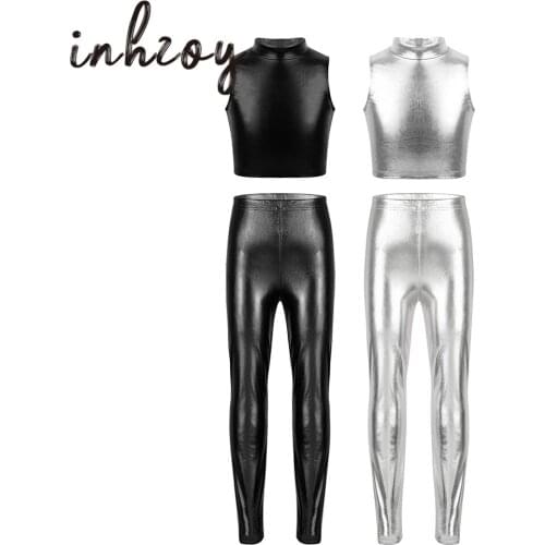 Kids Shiny Metallic Sleeveless Crop Top with Skinny Pants Set Girls Ballet Gymnastics Dancewear Stage Performance Dance Costume