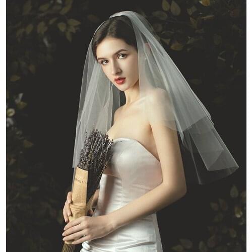 Simple Elegant Eibow Length Wedding Bridal Veil 2-Layer Soft Tulle Headdress with Comb for Wedding Travel Studio Photo Prop V707