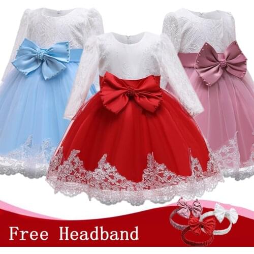 Lace Long Sleeve New Year Costume Toddler Girls Clothes Big Bow Baptism Baby Girl Dress Embroidery Flower Girls Clothing