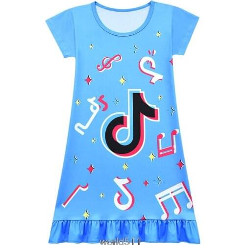 Tik Tok Pattern Summer Thin Cotton Short Sleeve Girls Nightgowns Pajamas Nightgown Girl Sleeping Gowns Kids Dresses Sleepwear