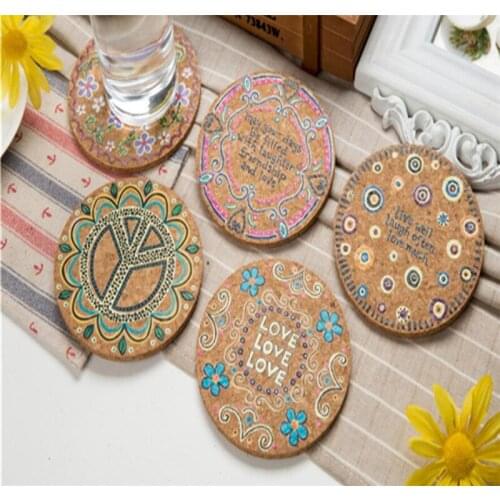Hot 300pce/lot Natural Cork Moisture Resistant Round Cup Coasters Drink Coasters Heat Insulation Patterned Pot Holder Mats Table