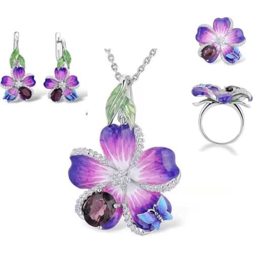 Fashion Purple Butterfly Enamel Jewellery Set for Women Trendy Female Necklace Earrings Ring Sets Wedding Party Accessories