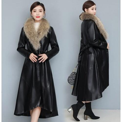 Fashion Leather Jacket With Fur Collar Womens Autumn And Winter Clothes Long Thick Leather Windbreaker Slim Korean Coat y1014