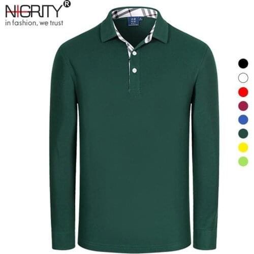 NIGRITY New 2019 Spring and Autumn Men Polo Shirt Mens Long Sleeve Solid Polo Shirts 94% Cotton Good Quality Plus Size S-4XL