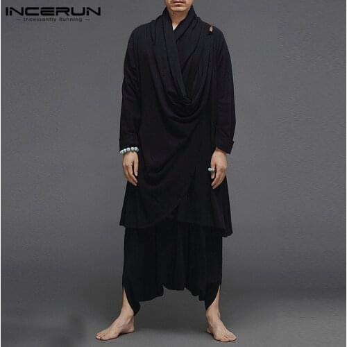 Men Cotton Suits Streetwear INCERUN Men Vintage Sets Long Sleeve Solid Color Irregular Cloak Blouse Elastic Pants 2 Pieces S-5XL