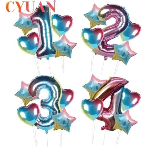 CYUAN 5pcs Rainbow Color Star Heart Number 1 2 3 4 5 Foil Helium Balloons Set Kids Birthday Party Decor Baby Shower Air Globos