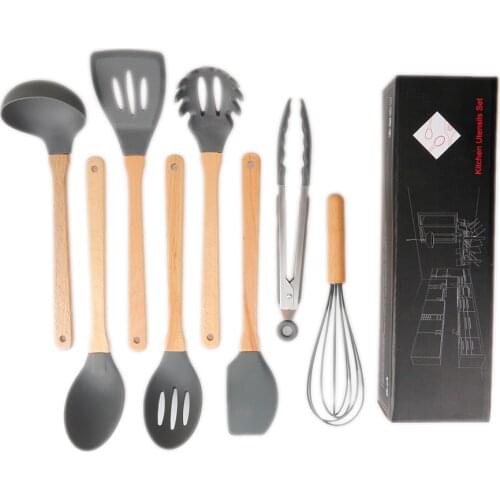 Kitchen Utensil Set Silicone Cooking Utensils for Cookware 8 Piece Kitchen Tool with Wooden Handle Cooking Spoon Set