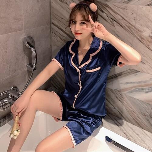 New Pijama Mujer Silk Satin Students Pajamas Set Short Sleeve Lapel Summer Sleepwear Suit Loungewear Pyjamas Women Homewear