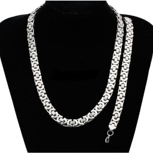 One Set Tone Flat Byzantine Chain Bracelet & Necklace Set Stainless Steel Mens Jewlery Gifts 8mm Wide