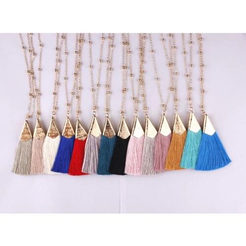 ZWPON Hot Selling Boho Silk Tassel Necklace Chic Gold Alloy Fringed 80cm Long Ball Chain Statement Necklace For Women Girls