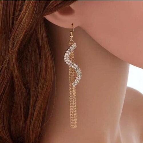 Ex729 Korean version fashion simple crystal alloy geometry S shaped Tassel chain studs earrings 2021 trend Womens Jewelry