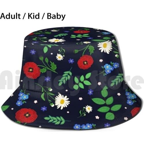 Swedish Folk Flowers Sun Hat Foldable UV Protection Floral Pattern Dark Blue Swedish Folk Style Red Poppies Poppy