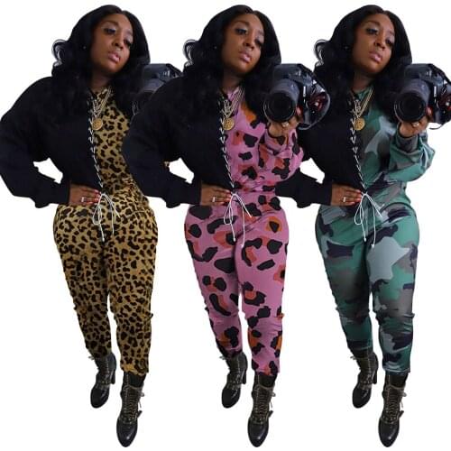 Echoine Autumn Spring Leopard Print Hooded Top and Pants Two Piece Set Patchwork Tracksuit Bandage Grommet Lace Up Sporty Suit