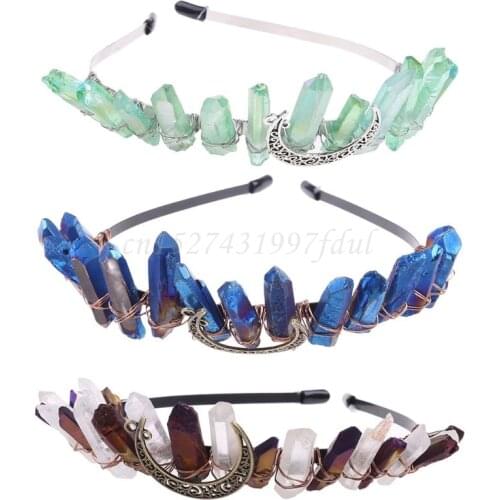 Boho Vintage Witch Tiara Faux Raw Crystal Headband Alloy Moon Angel Aura Crown