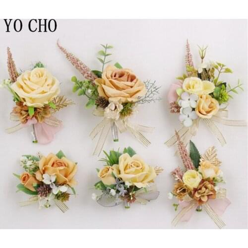 YO CHO Artificial Rose Flower Groom Boutonniere Corsage Girl Wrist Corsage Wedding Flower Quality Man Suit Pins Party Decoration