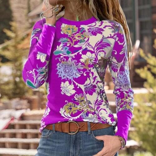 Women Casual Long Sleeve Floral Printed T Shirt Round Tunic Neck Color Tops Loose Blouse 5 Pullover P8S2