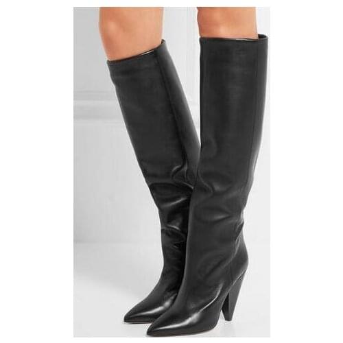 Fashion Brand Pointed Toe Laith Knee High Boots Spike Heels Sexy Ladies Shoes Woman Leather Winter Rain Boots High Heels Blue