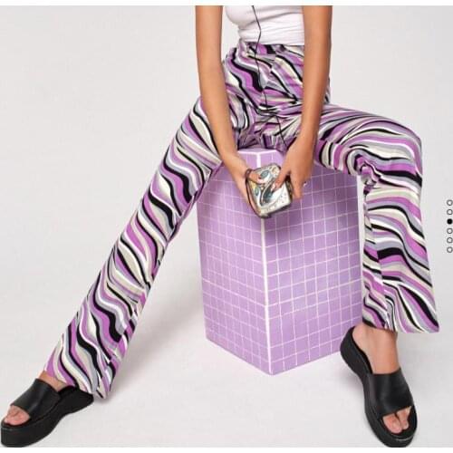 New Fashion Women Casual Flared Pants, Printed Pattern High Waist Leisure Trousers, Purple/ Tan 2021