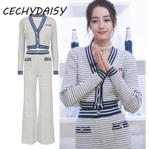2021 Knitted Sweater Set Women Autumn Winter Sexy V-Neck Blue And White Striped Two Pieces Suit Casual High Street Brand Outfits