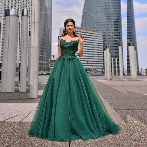 2021 New Emerald Green A Line Evening Dress Long Cap Sleeves Illusion Neckline Wedding Guest Dresses Lace Beading Bodice