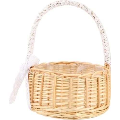 1PC Woven Flower Basket Rattan Storage Basket Flower Girl Hand Basket Handmade Flower Basket with Bow